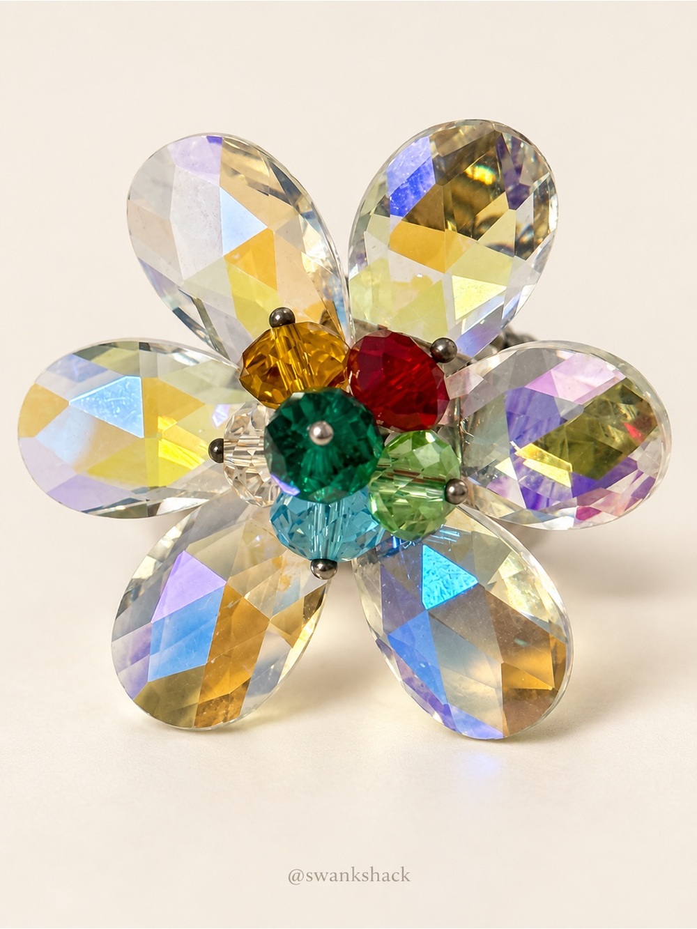 Iridescent Crystal Flower Stretch Ring Multicolor Silver Tone Size 6+